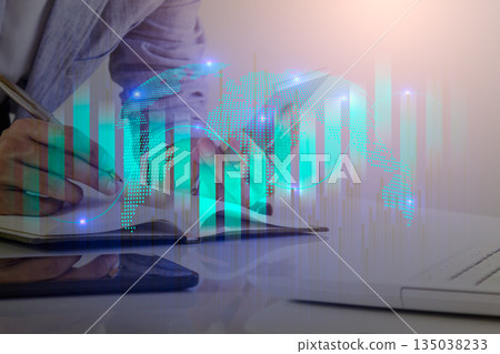 Stock market or forex trading graph and candlestick chart suitable for financial investment concept. Economy trends background for business idea and all art work design. Abstract finance background. Stock market or forex trading graph and candlestick chart suitable for financial investment concept. Economy trends background for business idea and all art work design. Abstract finance background. 135038233