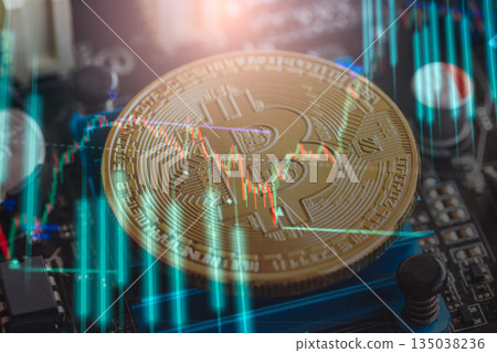 Modern way of exchange. Bitcoin is convenient payment in global economy market. Virtual digital currency and financial investment trade concept. Abstract cryptocurrency with gold bitcoin background. Modern way of exchange. Bitcoin is convenient payment in global economy market. Virtual digital currency and financial investment trade concept. Abstract cryptocurrency with gold bitcoin background. 135038236