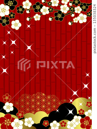 日式背景插畫，可愛，簡約，梅花，竹子，紅色，閃光，垂直版 135038324