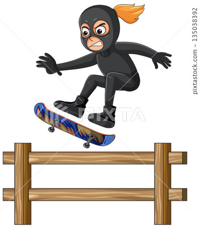 Female Burglar in Black Suit Skateboarding Over Wooden Fence Female Burglar in Black Suit Skateboarding Over Wooden Fence 135038392