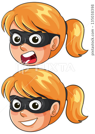 Cartoon Female Robber Faces with Masked Expressions 135038398