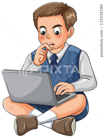 Curious Schoolboy Sitting Cross-Legged Using Laptop Computer Curious Schoolboy Sitting Cross-Legged Using Laptop Computer 135038399