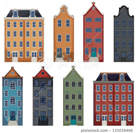 Colorful Dutch Canal Houses Vector Illustration Set 135038400