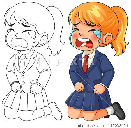 Crying Schoolgirl Kneeling in Uniform Vector Illustration 135038404