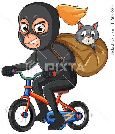 Female Burglar on Bicycle Carrying Sack with Cat Female Burglar on Bicycle Carrying Sack with Cat 135038405
