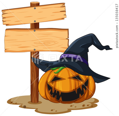Halloween Pumpkin With Witch Hat Beside Wooden Sign Halloween Pumpkin With Witch Hat Beside Wooden Sign 135038417