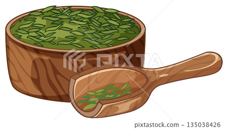 Wooden Bowl Filled with Green Tea Leaves and a Matching Scoop Wooden Bowl Filled with Green Tea Leaves and a Matching Scoop 135038426
