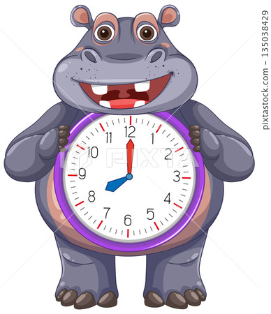 Cartoon Hippo Holding Large Analog Clock 135038429