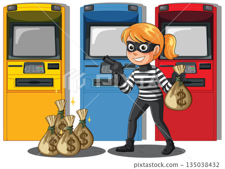 Female Robber Stealing Money from ATM Machines 135038432