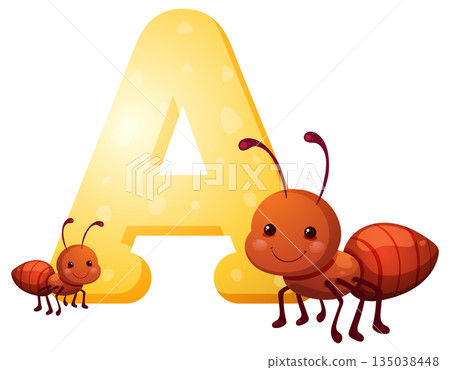 Two Cartoon Ants with Large Yellow Letter A Two Cartoon Ants with Large Yellow Letter A 135038448