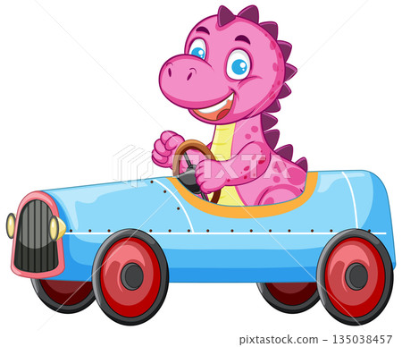 Smiling Pink Dinosaur Driving a Blue Toy Car Smiling Pink Dinosaur Driving a Blue Toy Car 135038457