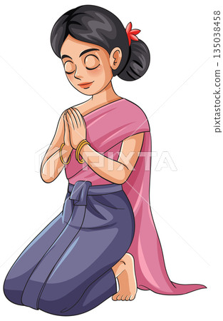 Young Woman Kneeling in Traditional Attire with Hands Together 135038458