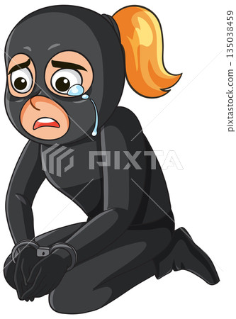 Sad Female Robber in Handcuffs Kneeling on Floor 135038459