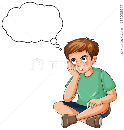 Young Boy Sitting Cross Legged with Empty Thought Bubble Above Head 135038465