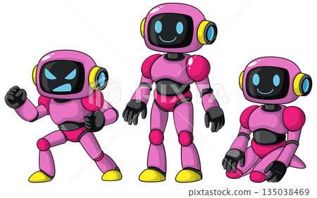Three Cartoon Pink Robots with Different Facial Expressions Three Cartoon Pink Robots with Different Facial Expressions 135038469