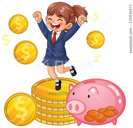Happy Schoolgirl Jumping with Piggy Bank and Coins 135038471