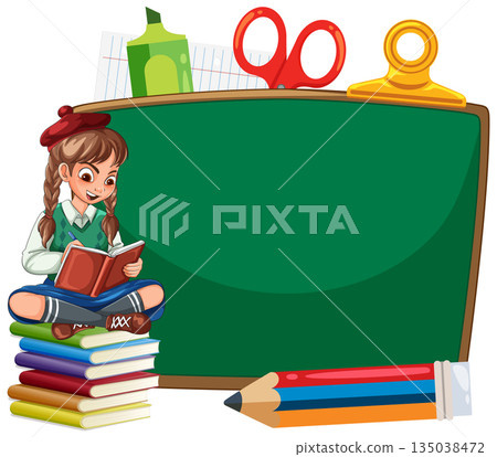 Schoolgirl Reading Beside Chalkboard with Stationery 135038472