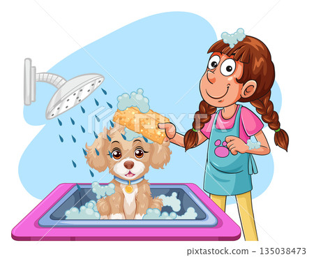 Girl Washing Dog in Bathtub with Sponge and Shower Girl Washing Dog in Bathtub with Sponge and Shower 135038473