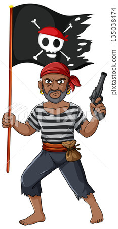 Cartoon Pirate Holding Pistol and Jolly Roger Flag 135038474