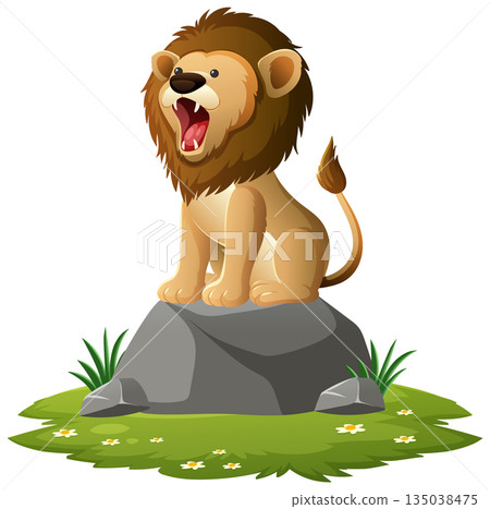 Cartoon Lion Roaring on Rock in Grassy Meadow 135038475