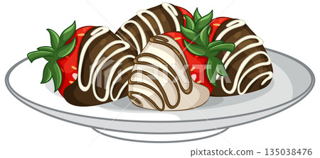 Fresh Strawberries Dipped in Dark and White Chocolate on a Plate Fresh Strawberries Dipped in Dark and White Chocolate on a Plate 135038476