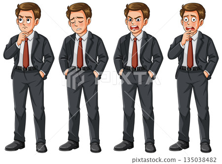 Businessman Expressing Different Emotions in Formal Suit Illustration 135038482