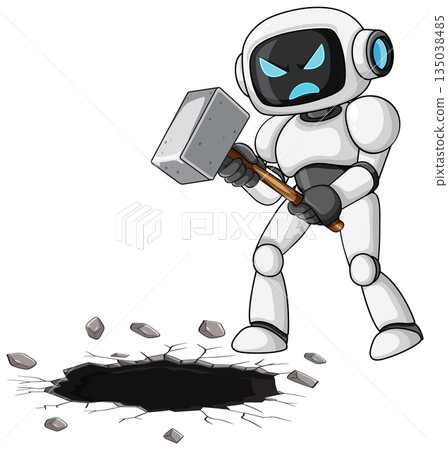 Angry Robot Smashing Ground With Large Hammer 135038485