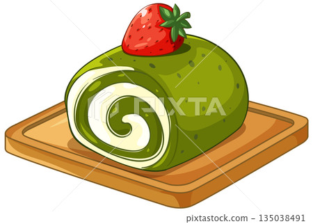 Matcha Green Tea Swiss Roll Cake with Fresh Strawberry Topping 135038491