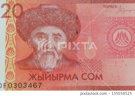 Macro shot of 20 som bill. Cash banknote of Kyrgyzstan. Kyrgyz national currency Macro shot of 20 som bill. Cash banknote of Kyrgyzstan. Kyrgyz national currency 135038525