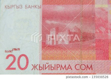 Macro shot of 20 som bill. Cash banknote of Kyrgyzstan. Kyrgyz national currency Macro shot of 20 som bill. Cash banknote of Kyrgyzstan. Kyrgyz national currency 135038526