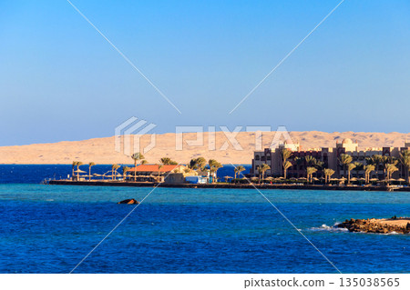 View of Red sea coast on the beach in Hurghada, Egypt View of Red sea coast on the beach in Hurghada, Egypt 135038565
