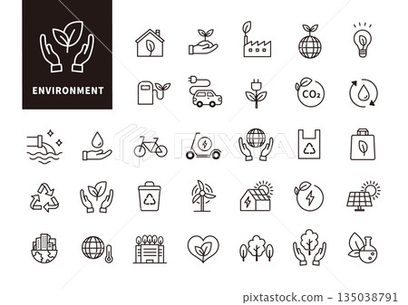 一套簡潔的單色圖標，代表環境、生態和永續性。 135038791