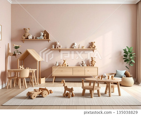 明亮的兒童房，牆壁和地板是柔和的粉紅彩色調，擺放著益智木製玩具，燈光均勻，空無一人。 135038829
