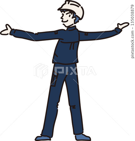 圖:一名男性工人戴著安全帽,身穿藏藍色工作服,背對著鏡頭,雙臂伸展。 圖:一名男性工人戴著安全帽,身穿藏藍色工作服,背對著鏡頭,雙臂伸展。 135038879