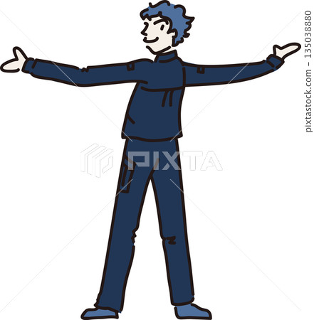 圖:一名身穿藏藍色制服的男性工人背對著鏡頭,雙臂伸展。 圖:一名身穿藏藍色制服的男性工人背對著鏡頭,雙臂伸展。 135038880