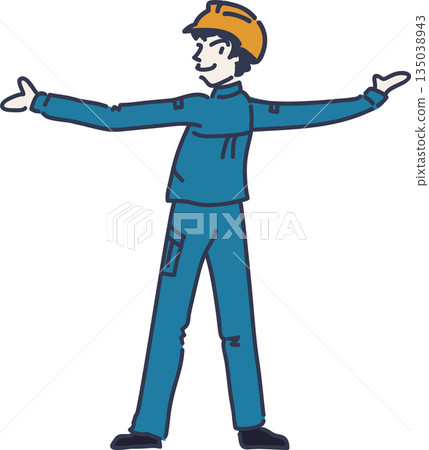 Illustration of a male worker wearing a helmet and blue uniform facing backwards with his arms outstretched Illustration of a male worker wearing a helmet and blue uniform facing backwards with his arms outstretched 135038943