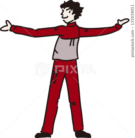 Illustration of a male worker in a red uniform facing backwards with his arms outstretched Illustration of a male worker in a red uniform facing backwards with his arms outstretched 135039051
