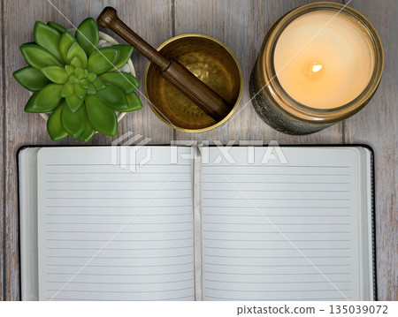 Mindfulness Journaling and Meditation Self Care Flat Lay With Candle and Singing Bowl Mindfulness Journaling and Meditation Self Care Flat Lay With Candle and Singing Bowl 135039072