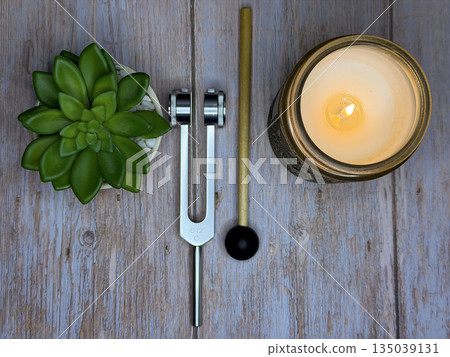 Mindfulness and Meditation Self Care Flat Lay With Candle, Tuning Fork, and Succulent Plant 135039131
