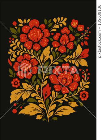 Vector national decorative floral card. Slavic tracery ornament with red flowers on a black background Vector national decorative floral card. Slavic tracery ornament with red flowers on a black background 135039136