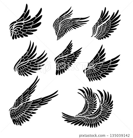 Vector set of black monochrome bird wings. Collection of monochrome angel clip arts wings isolated of the background. 135039142