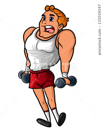 Cartoon Man Lifting Dumbbells Fitness Illustration 135039347