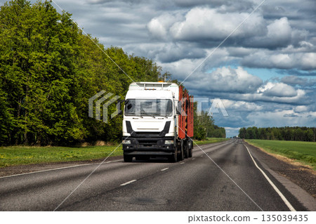 White semi-truck transports timber. Asphalt highway, rural landscape. Lush green forest borders road. Cloudy sky above. Heavy cargo transportation scene. White semi-truck transports timber. Asphalt highway, rural landscape. Lush green forest borders road. Cloudy sky above. Heavy cargo transportation scene. 135039435