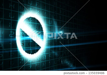 Digital design showing glowing prohibition symbol floating over dark code grid sending cyan streaks Digital design showing glowing prohibition symbol floating over dark code grid sending cyan streaks 135039486