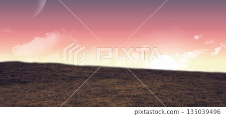 Grassy hill is stretching in flat design with gradient sky showing sun disk and moon orb 135039496