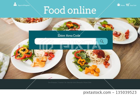 Displaying teal area code search box on food online page with nav-icons, spaghetti and salad plates Displaying teal area code search box on food online page with nav-icons, spaghetti and salad plates 135039523