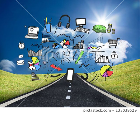 Colorful graphics over sunny landscape 135039529
