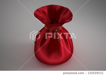Red velvet drawstring pouch is standing on grey backdrop, showing golden cord knot, copy space Red velvet drawstring pouch is standing on grey backdrop, showing golden cord knot, copy space 135039531
