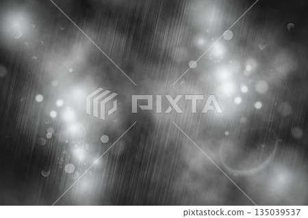 Monochrome abstract scene showing fog, diagonal rain streaks, droplets, bokeh orbs, flat design 135039537