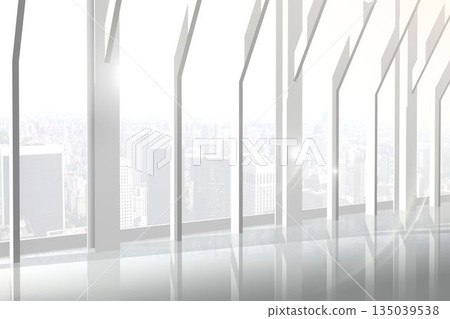 Room with large window looking on city 135039538